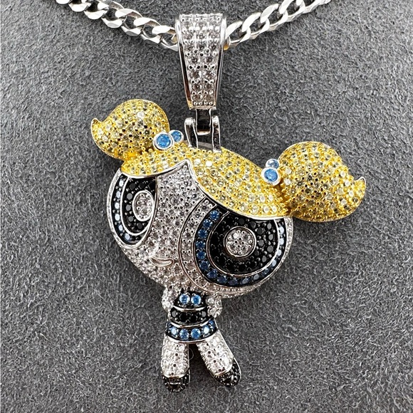 Iced Out 925 Sterling Silver 3D PowerPuff Girls Bubbles Necklace - Picture 3 of 12